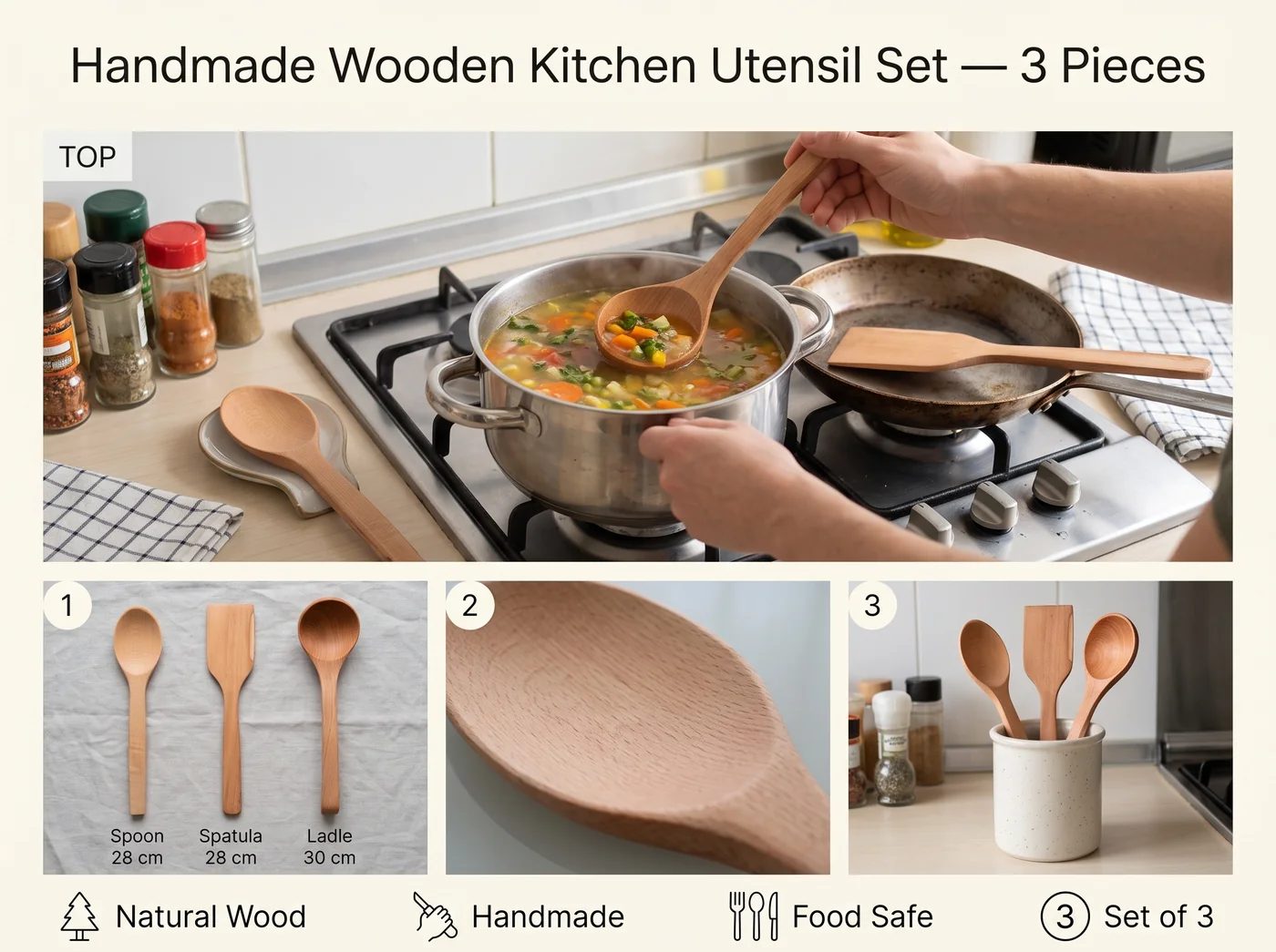 Beech wood kitchen utensil set