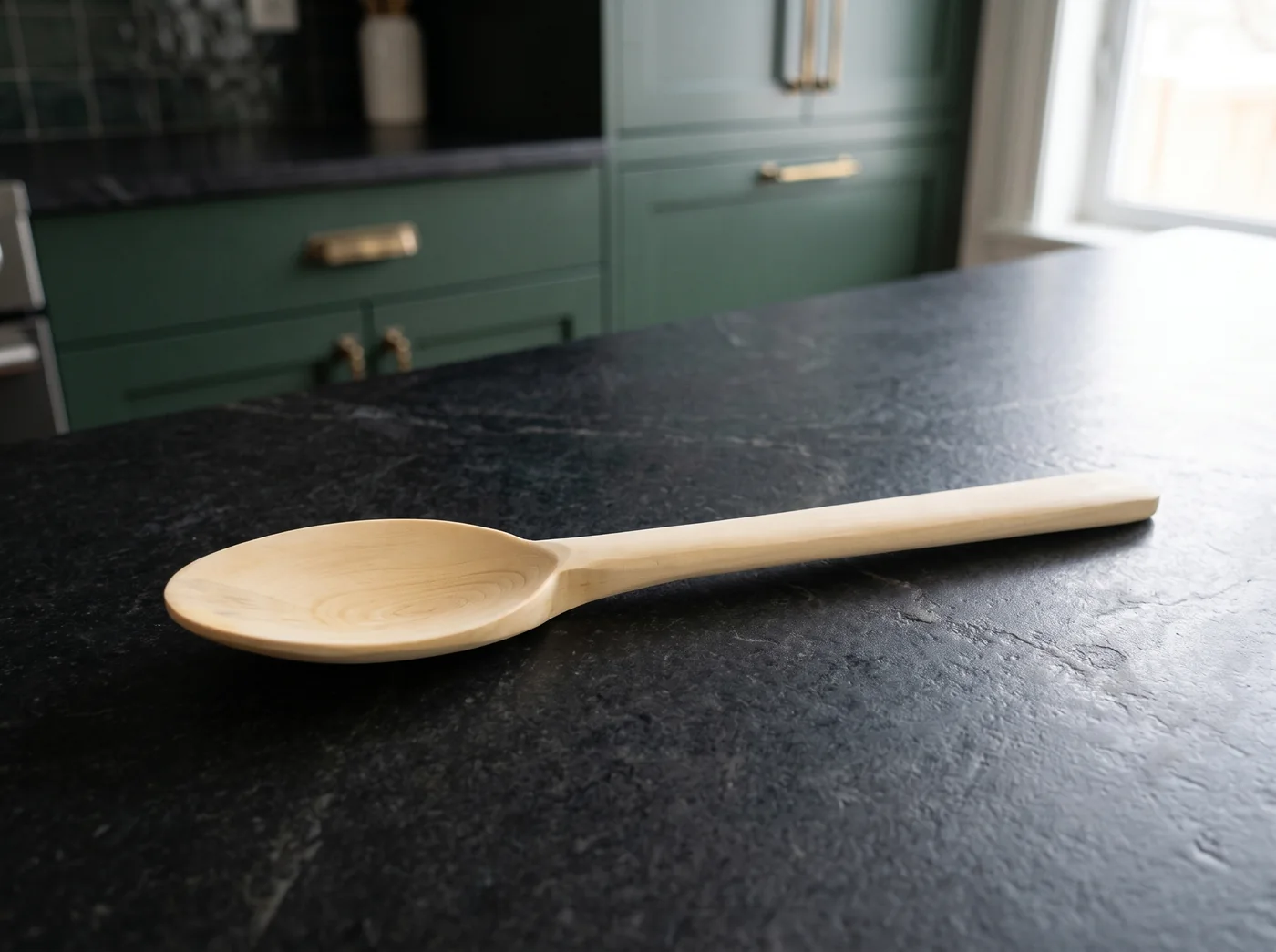Boxwood cooking spoon on a kitchen counter
